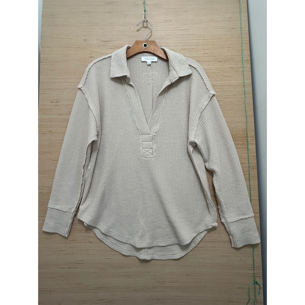 PINK ROSE Waffle Knit Collar V Neck‎ Pullover Top Beige Size S